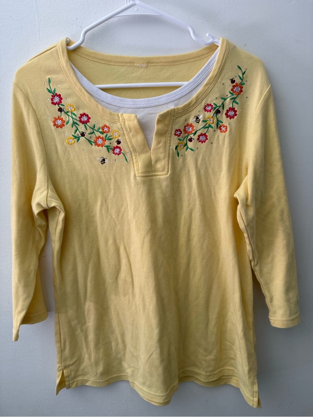 Yellow Floral Embroidered Long-Sleeve Women's Tee